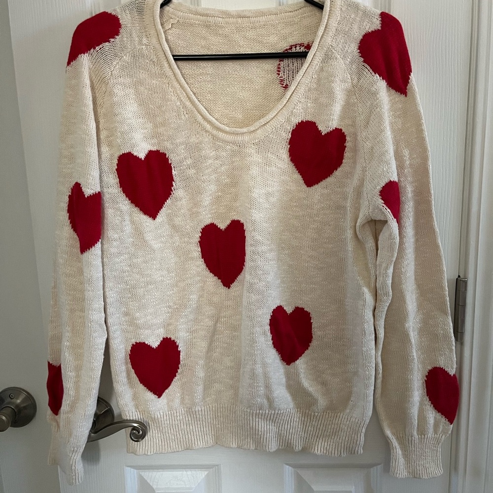Heart Patterned Sweater - Cream and Red